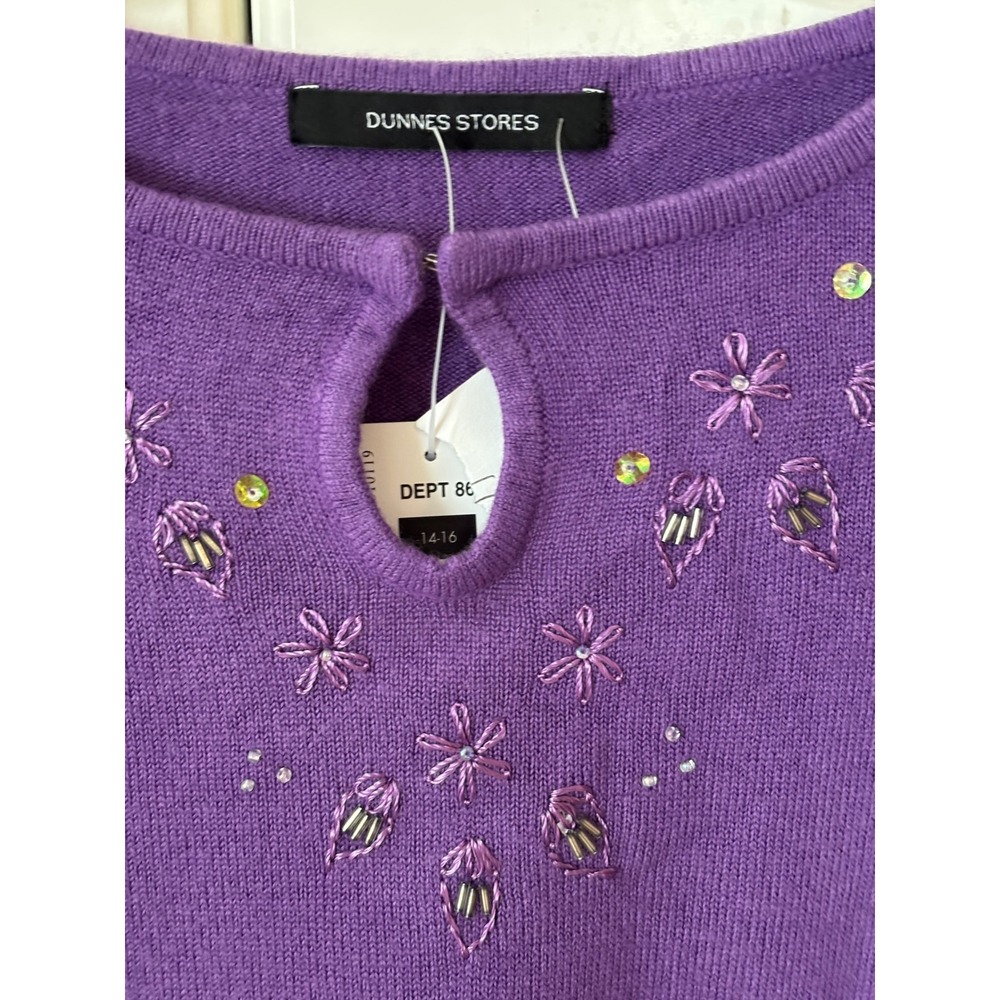 Dunnes Stores Royal Lilac Beaded Tunic Sweater Purple Floral EmbroideryNWT 14-16